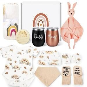 PINNKKU Boho Rainbow New Mom & Baby Shower Gift Set w/ Tumbler & Baby Essentials
